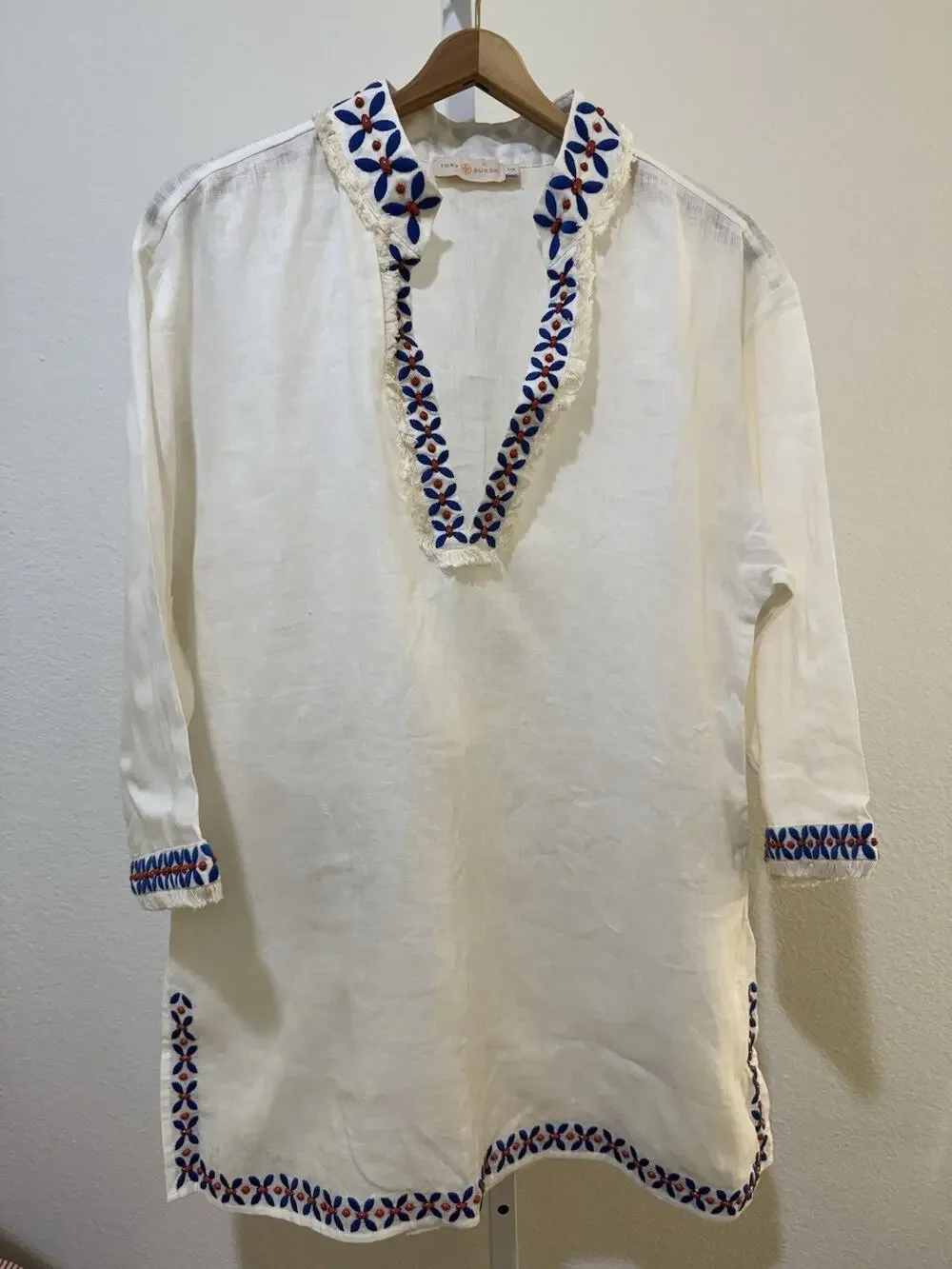 Tory Burch 100% Linen Beaded Embroidered ¾ Sleeve Tunic Size L